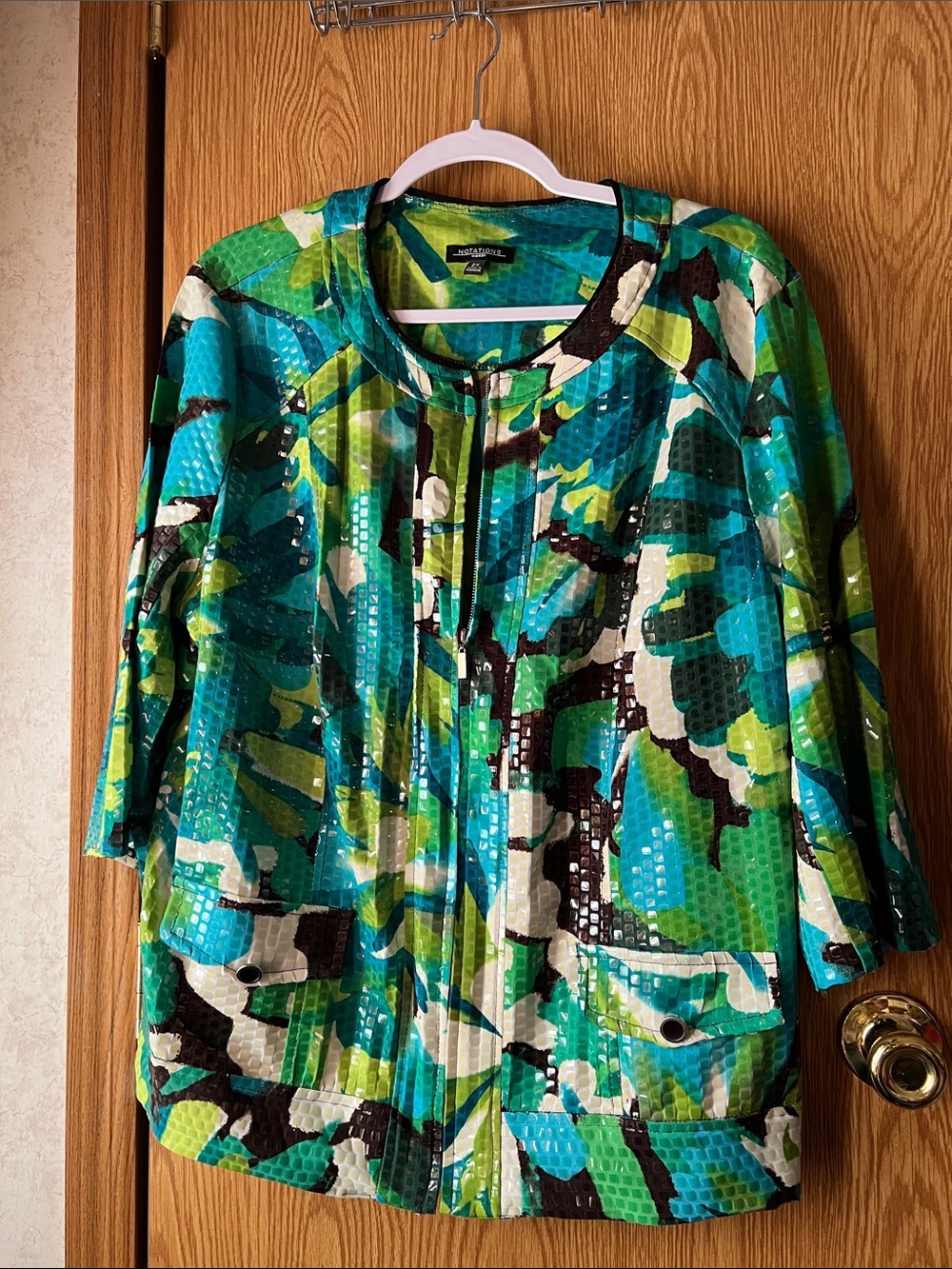 NOTATIONS  shiny  Sz 2X Turquoise, Green & White Printed Jacket